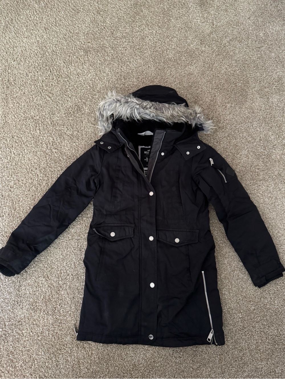 Hollister Women's Black Ski Parka Jacket with Faux Fur Hood - down jacket